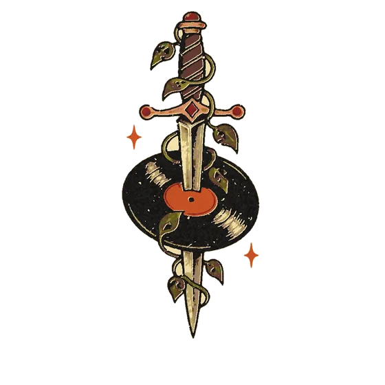 Tattoo flash of a dagger through a record
