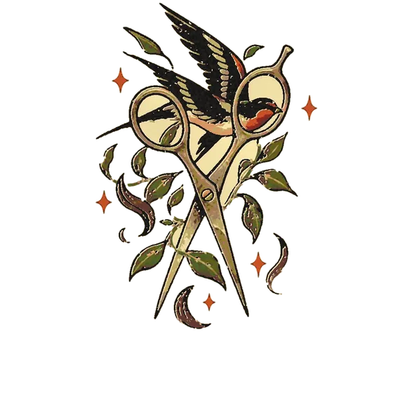Tattoo flash of shears and a swallow