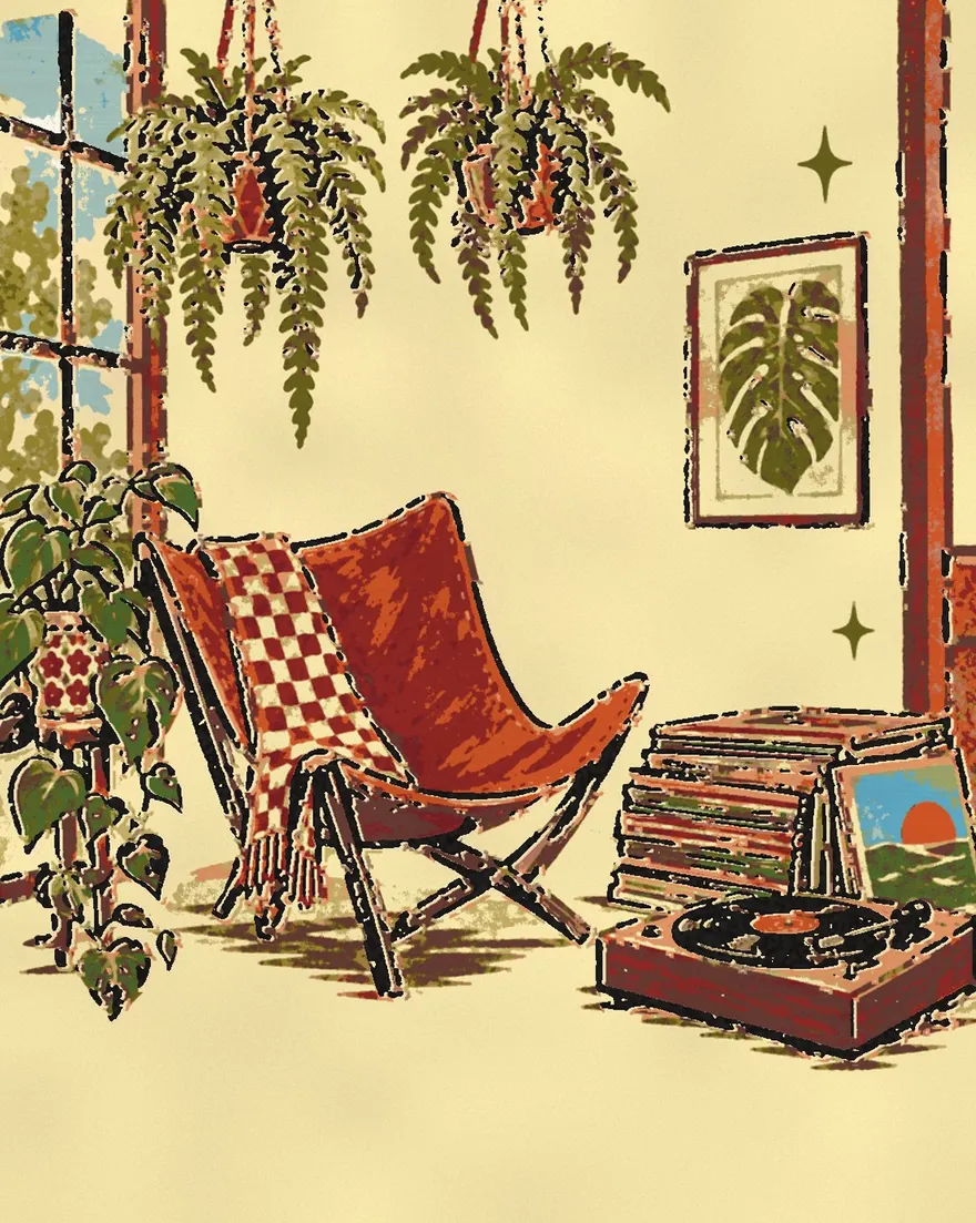Sunlit loft with hanging ferns, a leather sling chair and a stack of records