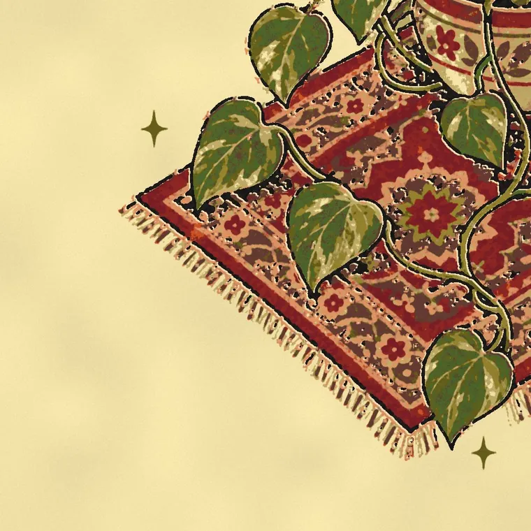 Persian rug close-up with a pothos vine